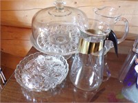 GLASS CAKE PLATE, PITCHERS, OTHER DISHES