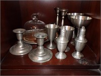 PEWTER CHEESEPLATE W/CANDLESTICKS, GOBLETS &MORE