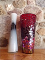 PAIR OF GLASS VASES, TALLEST IS 15" RED HAS CRACK