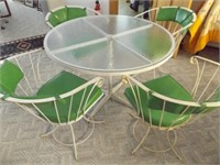 WHITE METAL GLASS TOP PATIO TABLE W/4 CHAIRS