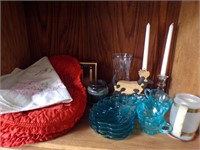 BLUE GLASS SNACK SETS, PLACEMATS, CANDLESTICKS