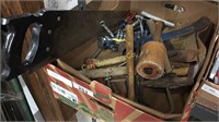 LARGE BOX MISC TOOLS W/HANDSAW, HAMMERS, VISE-