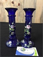 Pair of Hand Painted Cobalt Blue Candle Sticks