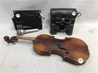 Binoculars, microphone, violin, spinning display