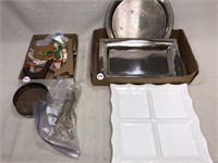 misc. plate holders, metal trays, pillows
