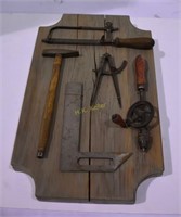 Wooden Plaque with Vintage Tools