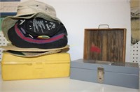 Assorted Fishing Hats, Boxes, and Tackle Box