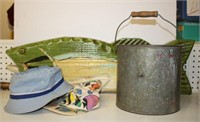 Fishing Bucket, Large Wooden Fish Plaque, and Hats