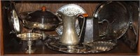 Large lot of Silverplate; trays, warmer, pitcher,