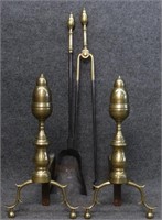 EARLY 19THC. ANDIRONS & FIRE TOOLS, ACORN FINIALS