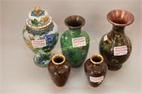 FOUR CLOISONNE VASES AND ONE COVERED JAR