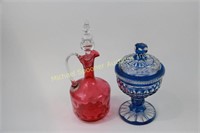 CRANBERRY COIN DOT EWER & BLUE CUT - CLEAR COMPOTE