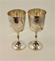 PAIR OF FLORAL ETCHED SILVER PLATE GOBLETS