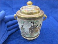 old chinese lidded jar - 5in tall (hand painted)