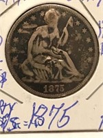 1875 SEATED LIBERTY SILVER 1/2 DOLLAR. CLEAR DATE