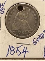 1854 SEATED LIBERTY QUARTER. CLEAR DATE