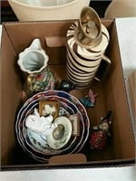 Box of Asian bowls, elephants, small pictures Etc