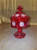 Ruby red coin glass footed candy dish