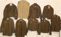 9pc Military Uniforms. 5 Ike's, 3 Tunics, 1 TW's,