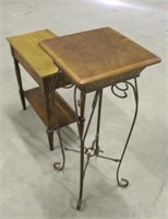 Vintage Oak End Table & Wrought Iron Plant Stand
