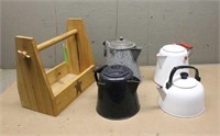 Wood Garden Box & (3) Coffee Pots and