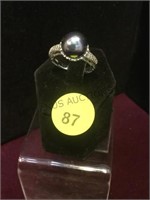 STERLING RING, ROUND CUT BLACK PEARL, SIZE 7