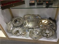 SHELF LOT OF SILVERPLATED TRAYS, GRAVY BOWL & MORE