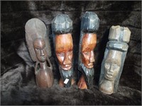 4 WOOD CARVED FIGURES HEADS NATIVE
