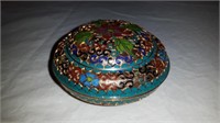 CLOISONNE TRINKET BOX 3.25" DIA, RED FLOWERS, TEAL