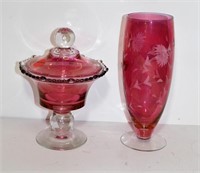 Cranberry Glass Lidded Compote & Clear