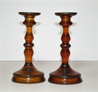 Amber Glass Candlestick Holders pewter etched