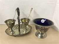 Silver Plate Condiment Caddy & Dish With Cobalt