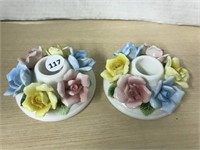 Pair Of Candle Holders -porcelain Flowers