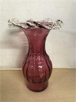 Rossi Cranberry Glass Vase With Clear Ruffled