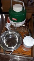 FLAT OF HOUSEHOLD ITEMS WITH COLEMAN JUG