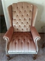 Wing high back chair, mauve colored velour