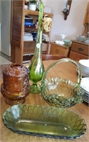 Green glass vase, basket, dish, Amber fairy lamp,