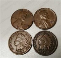 2 - Wheat Pennies, 2 - Indian Head Pennies