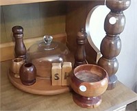 Wood Salt and pepper grinders, cheese ball tray,