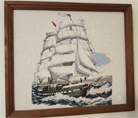 Needlepoint framed sailing ship 17" by 15"