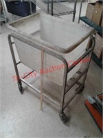 > Large plastic tub on aluminum cart with casters