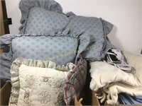 Two boxes linens, pillows, blankets