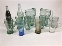 Coca Cola glass bottles, pitchers, glasses