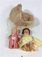 2 Old Dolls and Covered Cradle