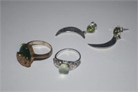 Sterling Silver Moon Earrings w/ Green Stone,