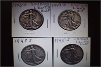(4) Walking Liberty Half Dollars -  1943s, 45s,