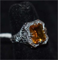 Sterling Silver Filigree Ring w/ Orange Stone