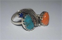 Sterling Silver Ring w/ Lapis, Coral, & Turquoise