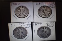 (4) Walking Liberty Half Dollars - 1917d, 17, 18d,