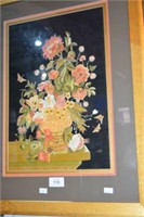 Framed hand stitched silk work - flowers in vase,